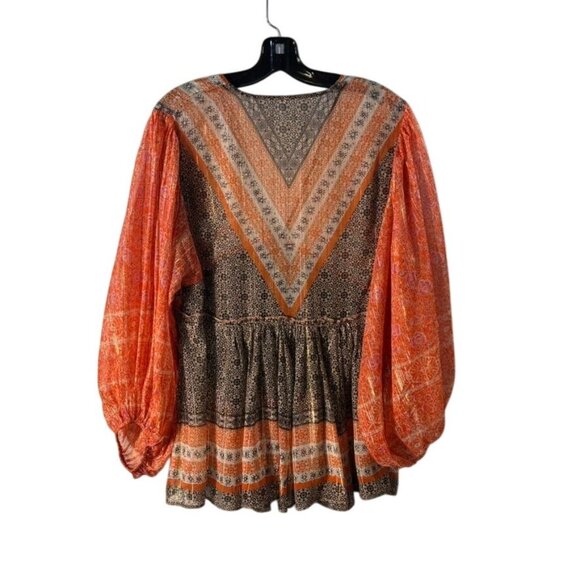 Free People Boho Chic Long-Sleeve Peasant Top With Orange & Black Patterned - Picture 4 of 14